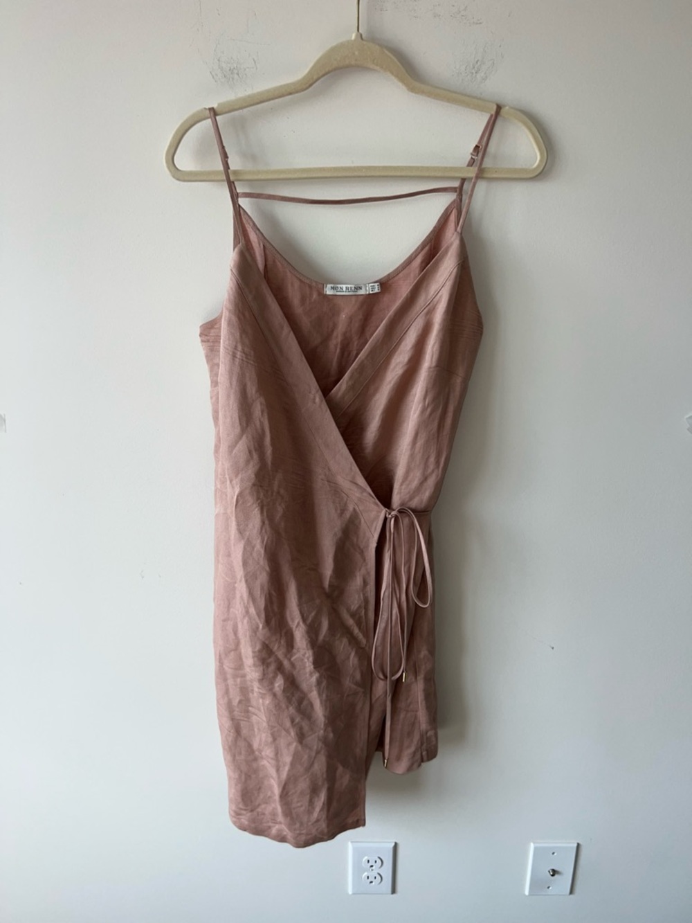 Mon Renn Blush Mauve Linen Wrap Dress Mini Size M